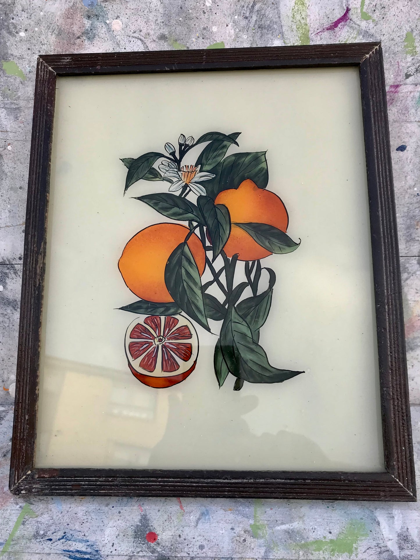 Medium Vintage glass painting of oranges in a beautiful original frame