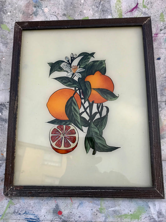 Medium Vintage glass painting of oranges in a beautiful original frame