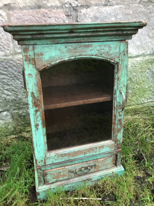 Beautiful antique teak painted glass fronted Indian wall cabinet with original chippy paint