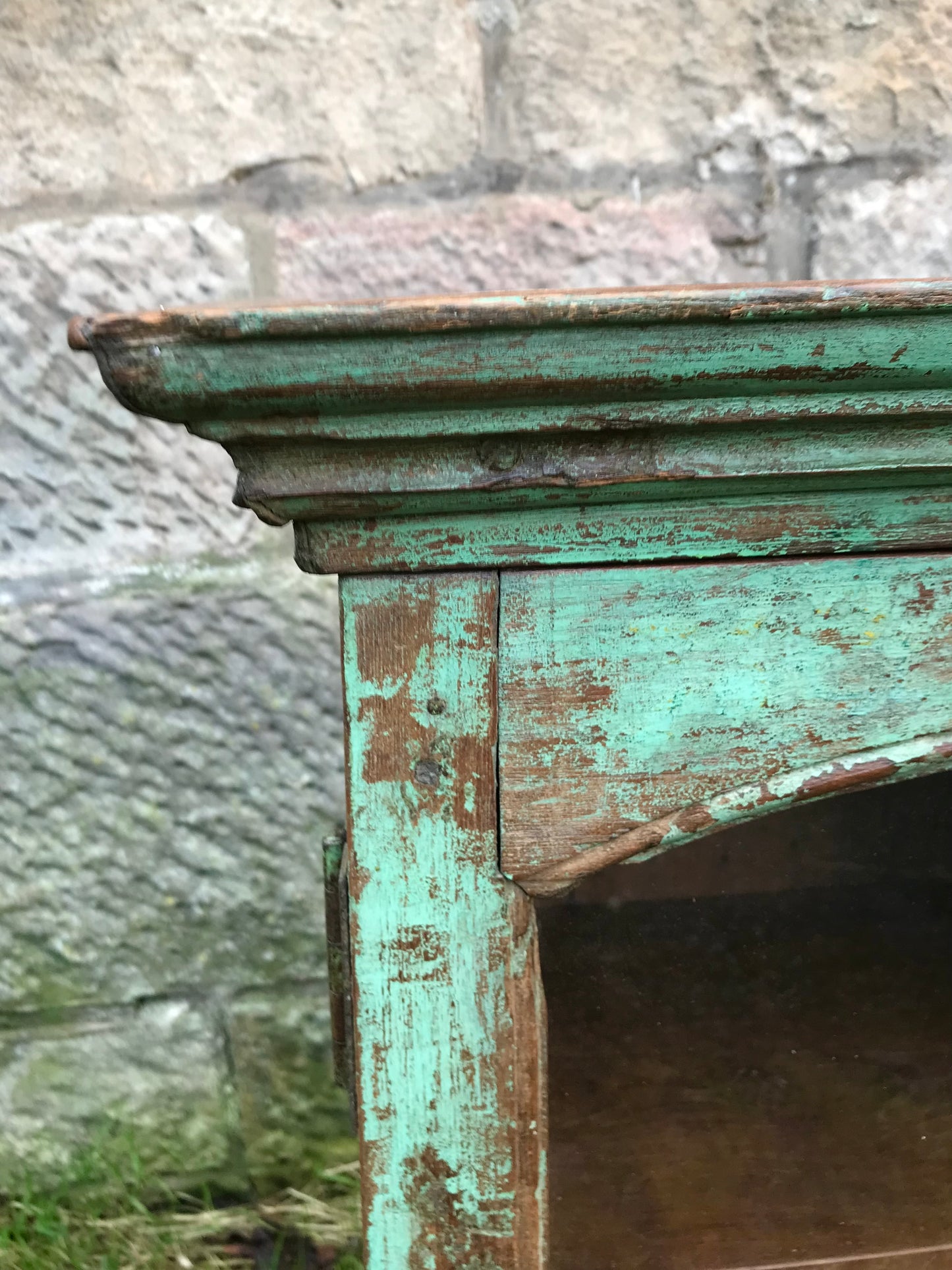 Beautiful antique teak painted glass fronted Indian wall cabinet with original chippy paint