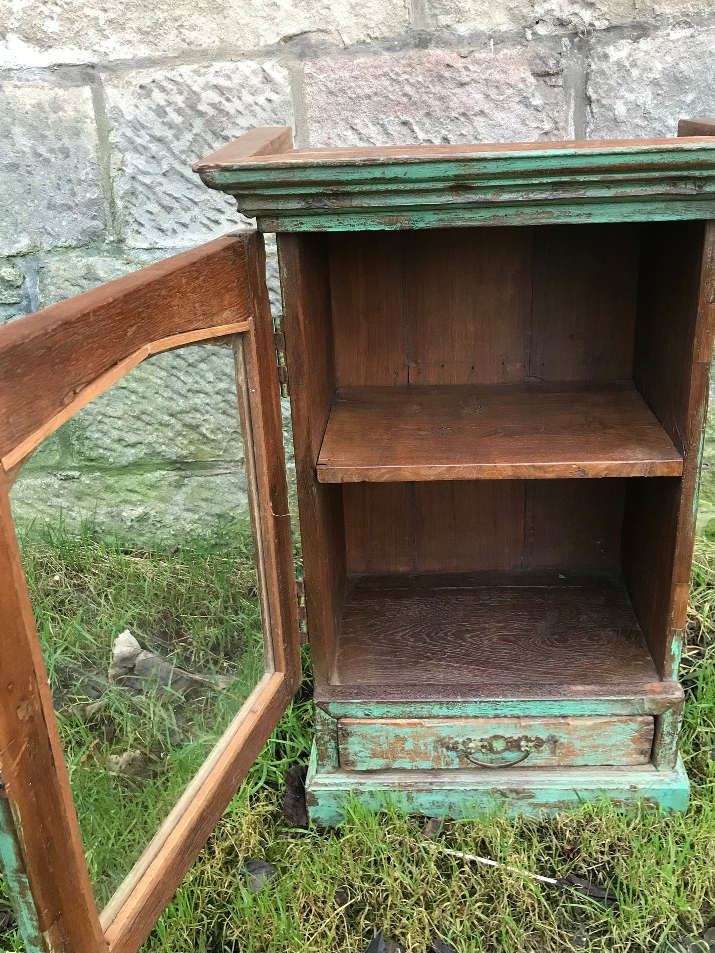 Beautiful antique teak painted glass fronted Indian wall cabinet with original chippy paint