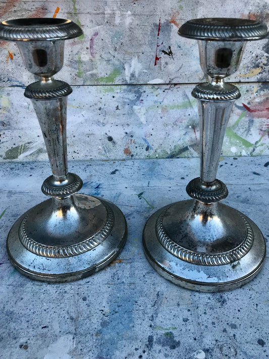 Pair of  vintage silver coloured candlesticks