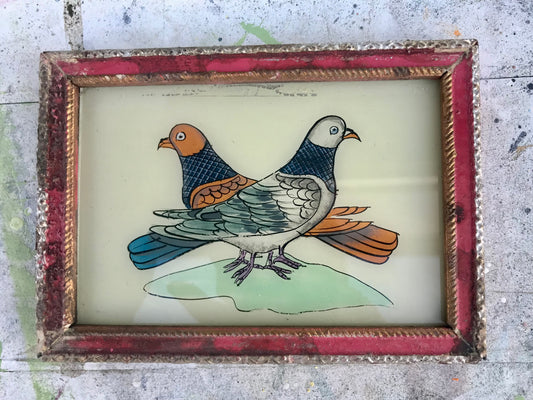 Small Vintage glass painting of pigeons in a beautiful original frame