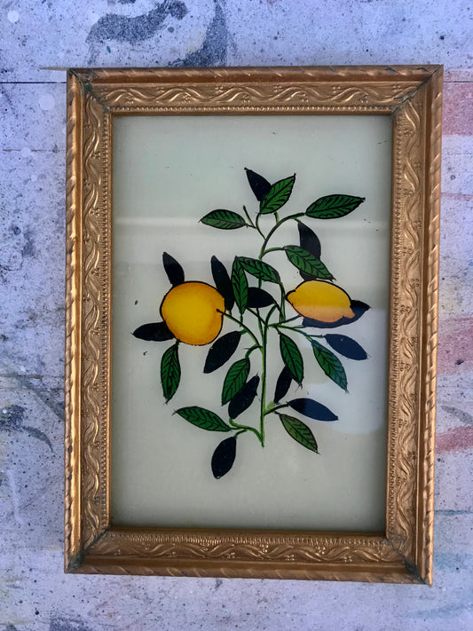 Small Vintage glass painting of lemons in a beautiful gold original frame