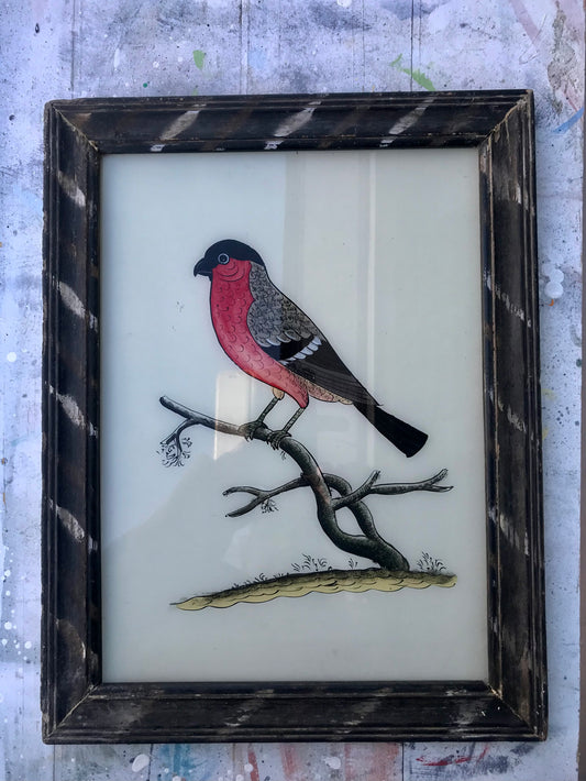 Large Vintage glass painting of a bird in a beautiful original frame