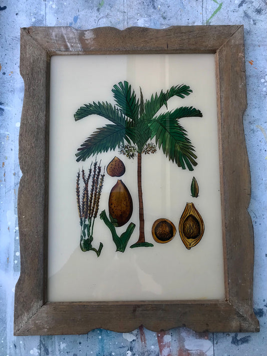 Large Vintage glass painting of a tropical scene in a beautiful original frame