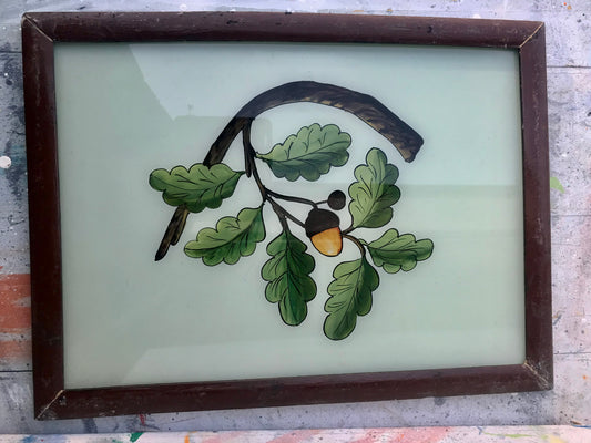 Large Vintage glass painting of oak leaves and acorn in a beautiful original frame