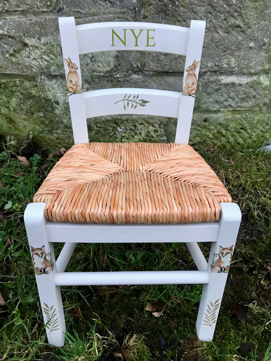 Rush seat personalised children's chair - Forest Floor Theme - made to order