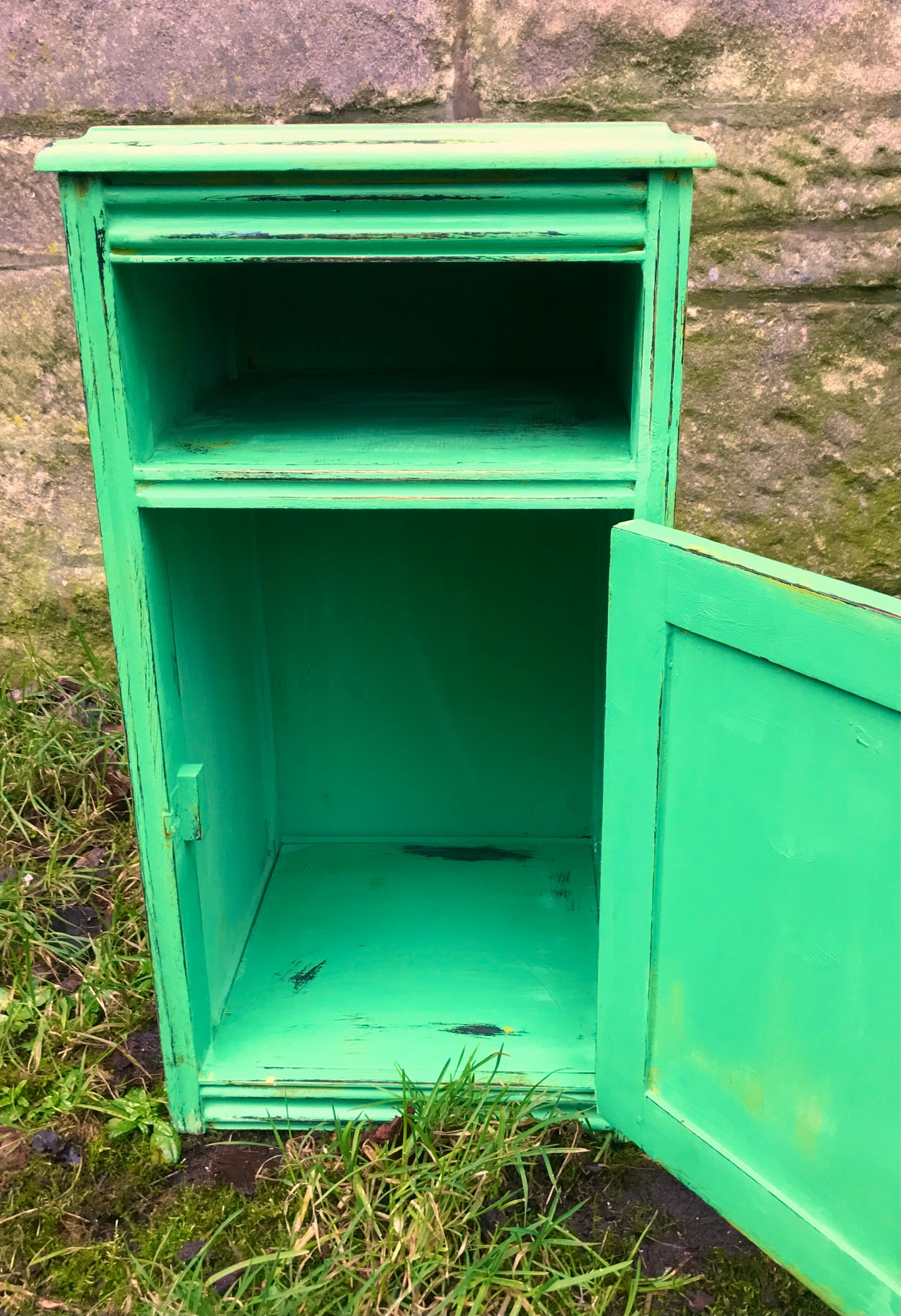 Vintage painted green bedside cabinet