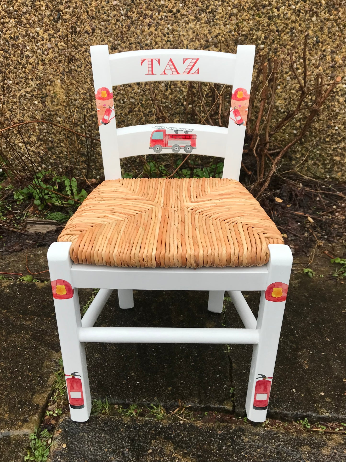 Rush seat personalised children's chair - Fire Engine theme - made to order