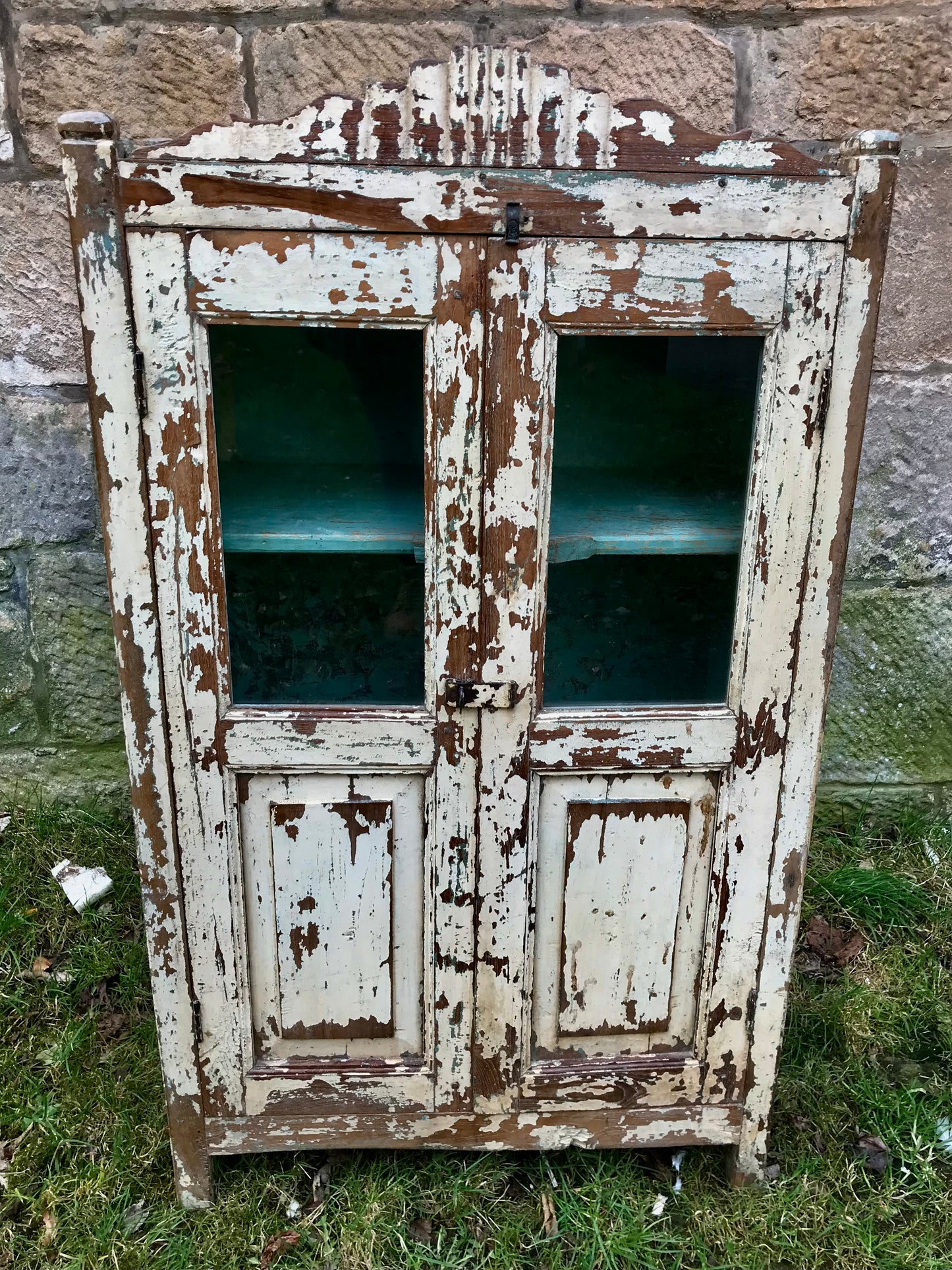 Stunning Antique 1920's teak wood glass fronted cabinet with original chippy cream and blue paint finish