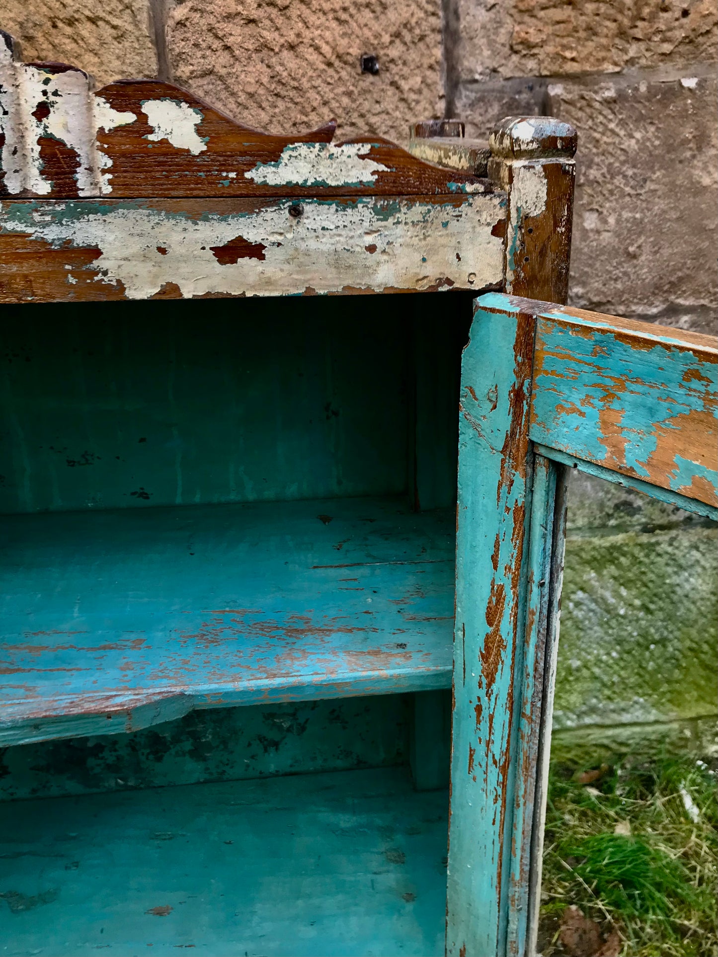 Stunning Antique 1920's teak wood glass fronted cabinet with original chippy cream and blue paint finish