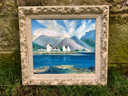 Vintage framed Scottish loch fishing village canvas painting