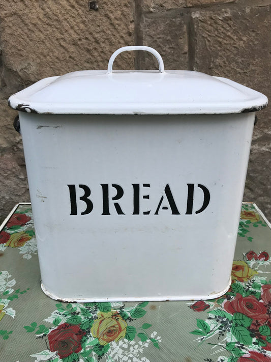 Gorgeous big vintage black and white enamel bread bin
