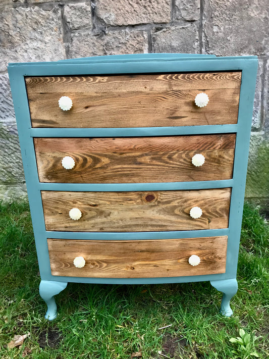 Reserved for Sophie Vintage chest of drawers painted green with natural wood drawers