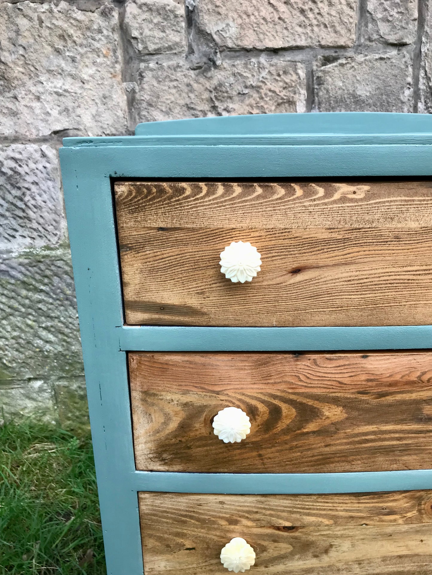 Reserved for Sophie Vintage chest of drawers painted green with natural wood drawers