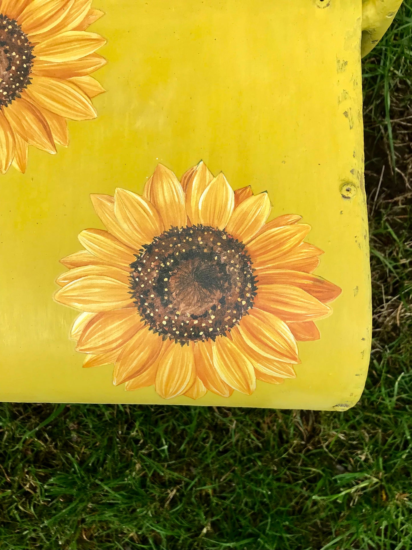 Vintage painted yellow school chair with sunflowers