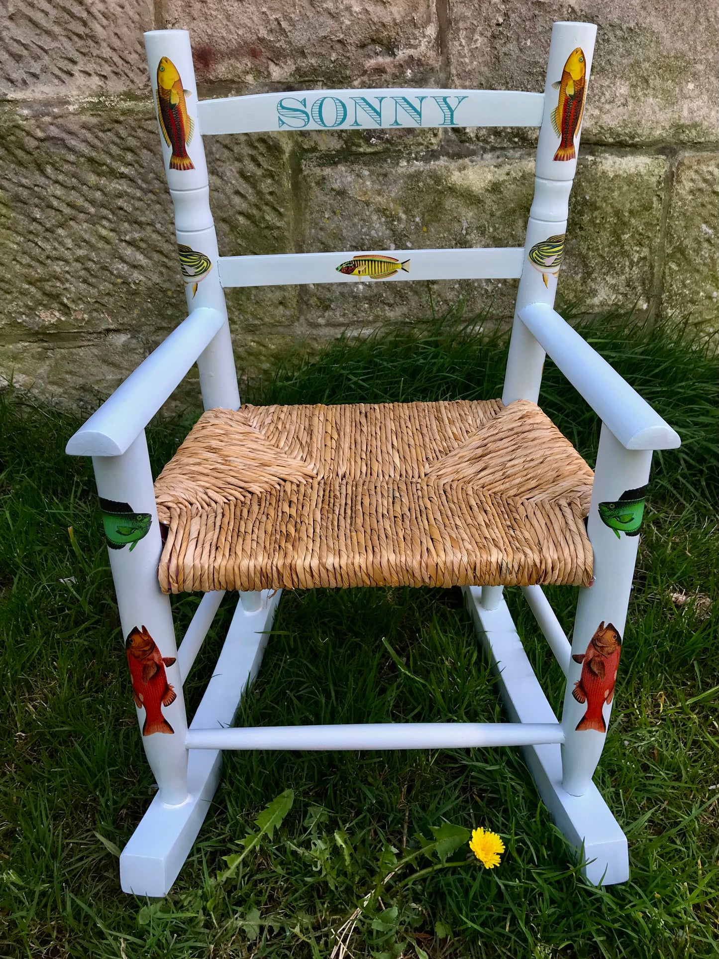 Rush seat / rush rocking chair / wooden school chair / wooden rocking chair Personalised children's chair - Fish theme - made to order