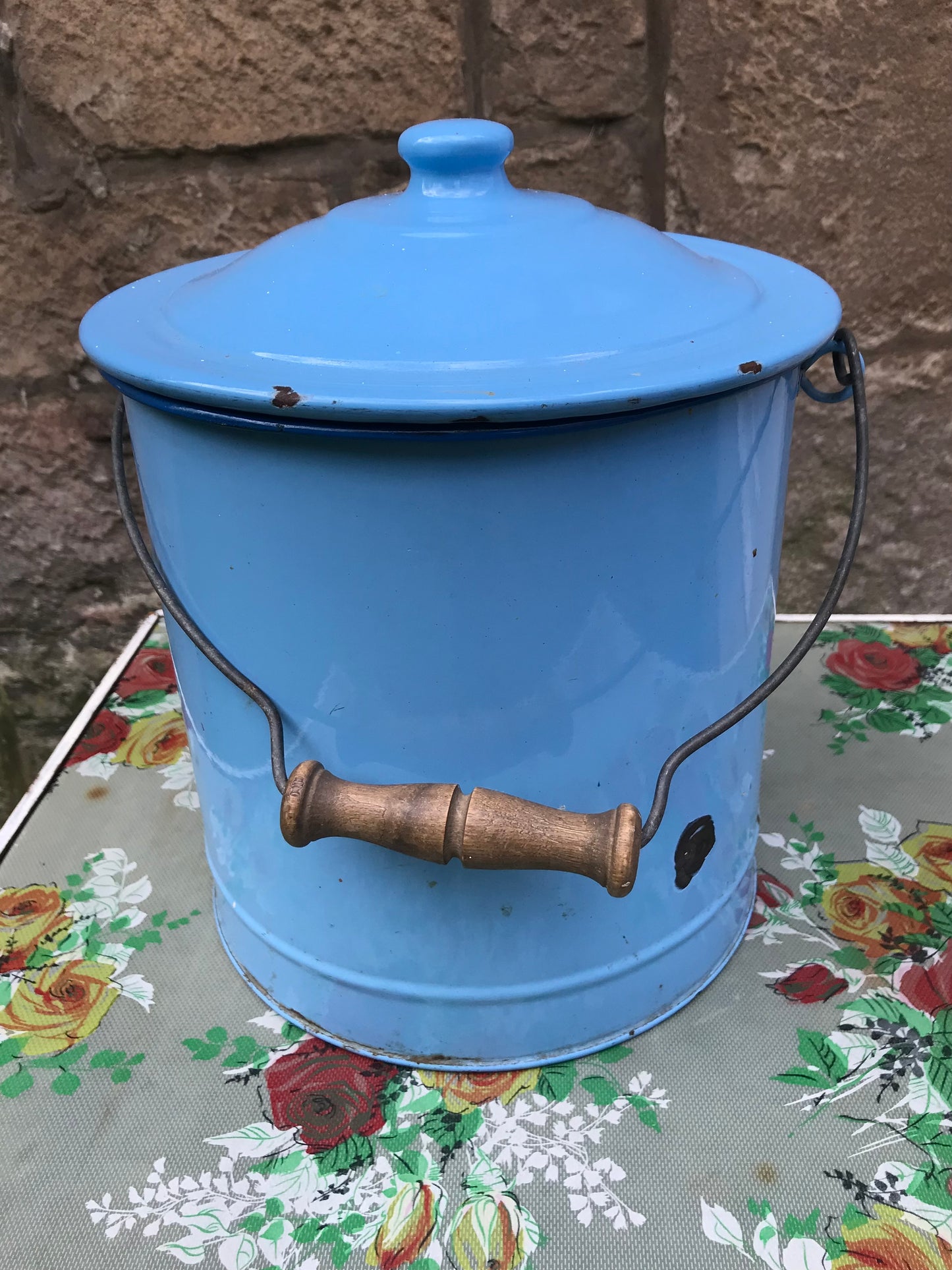 Lovely big vintage blue enamel canister