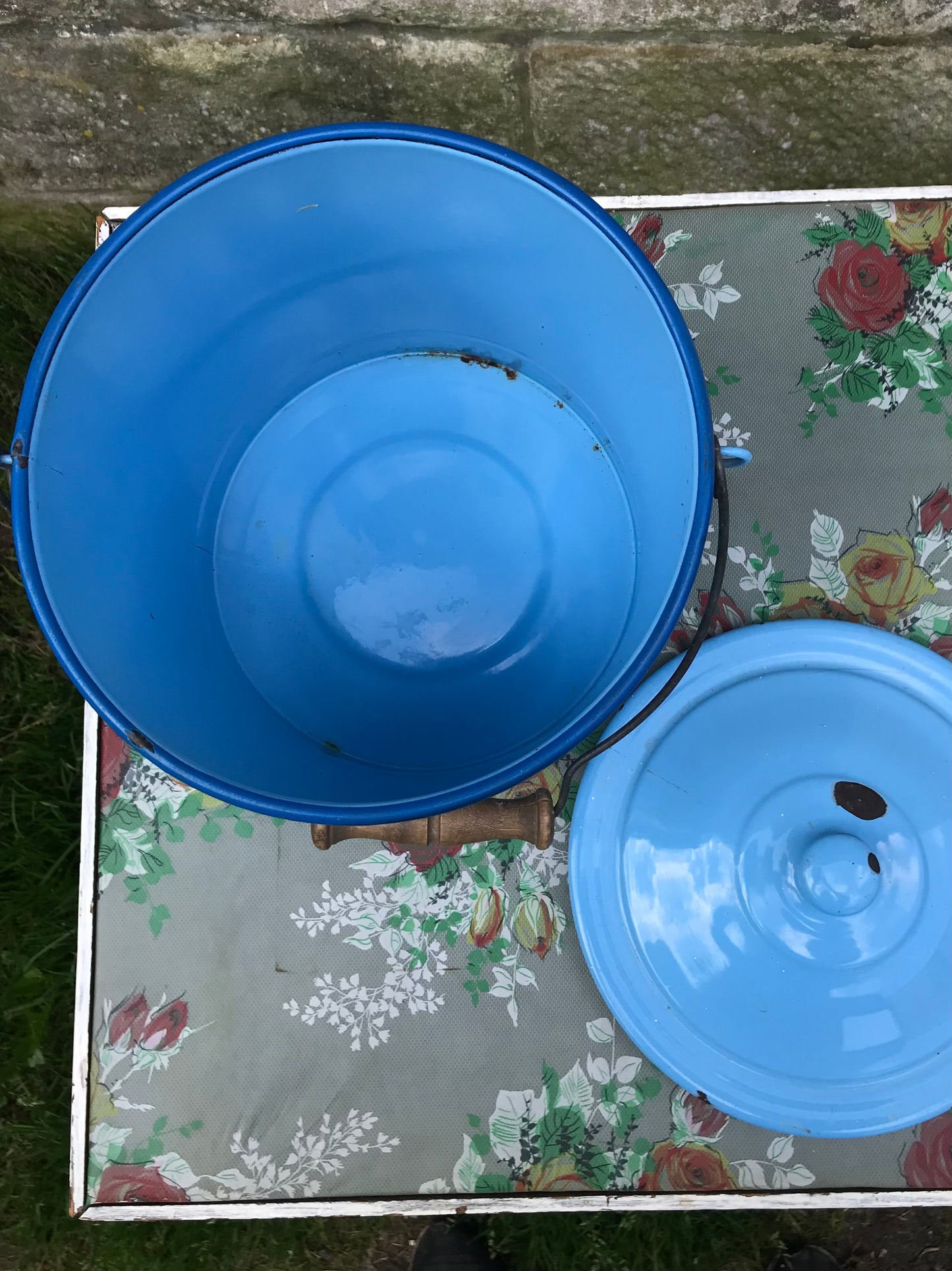 Lovely big vintage blue enamel canister