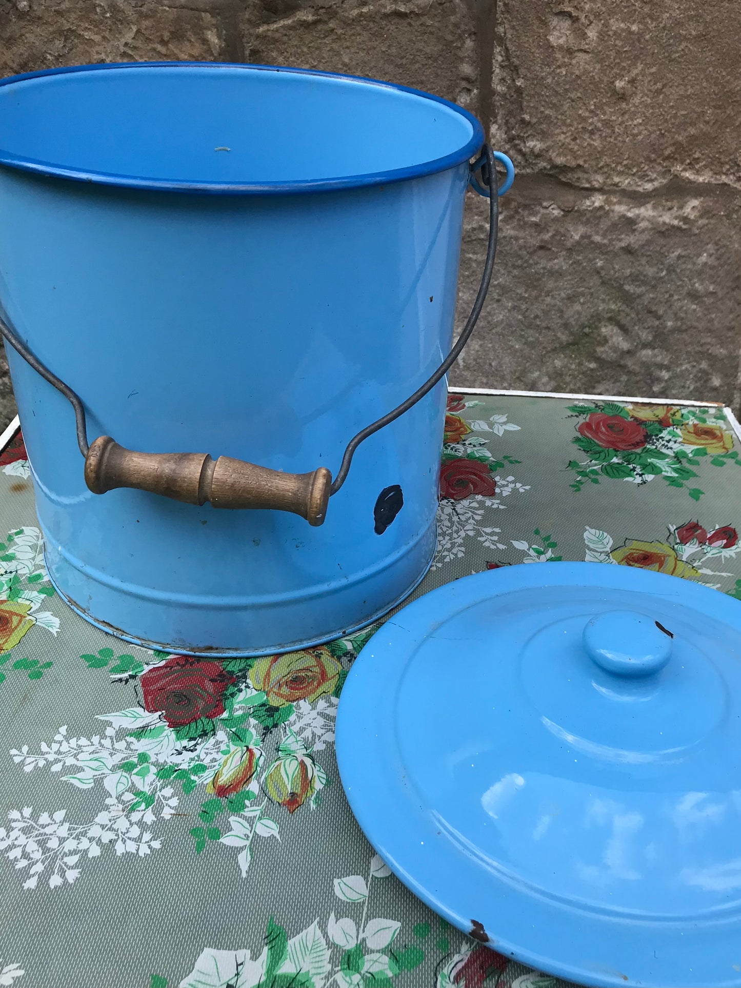 Lovely big vintage blue enamel canister