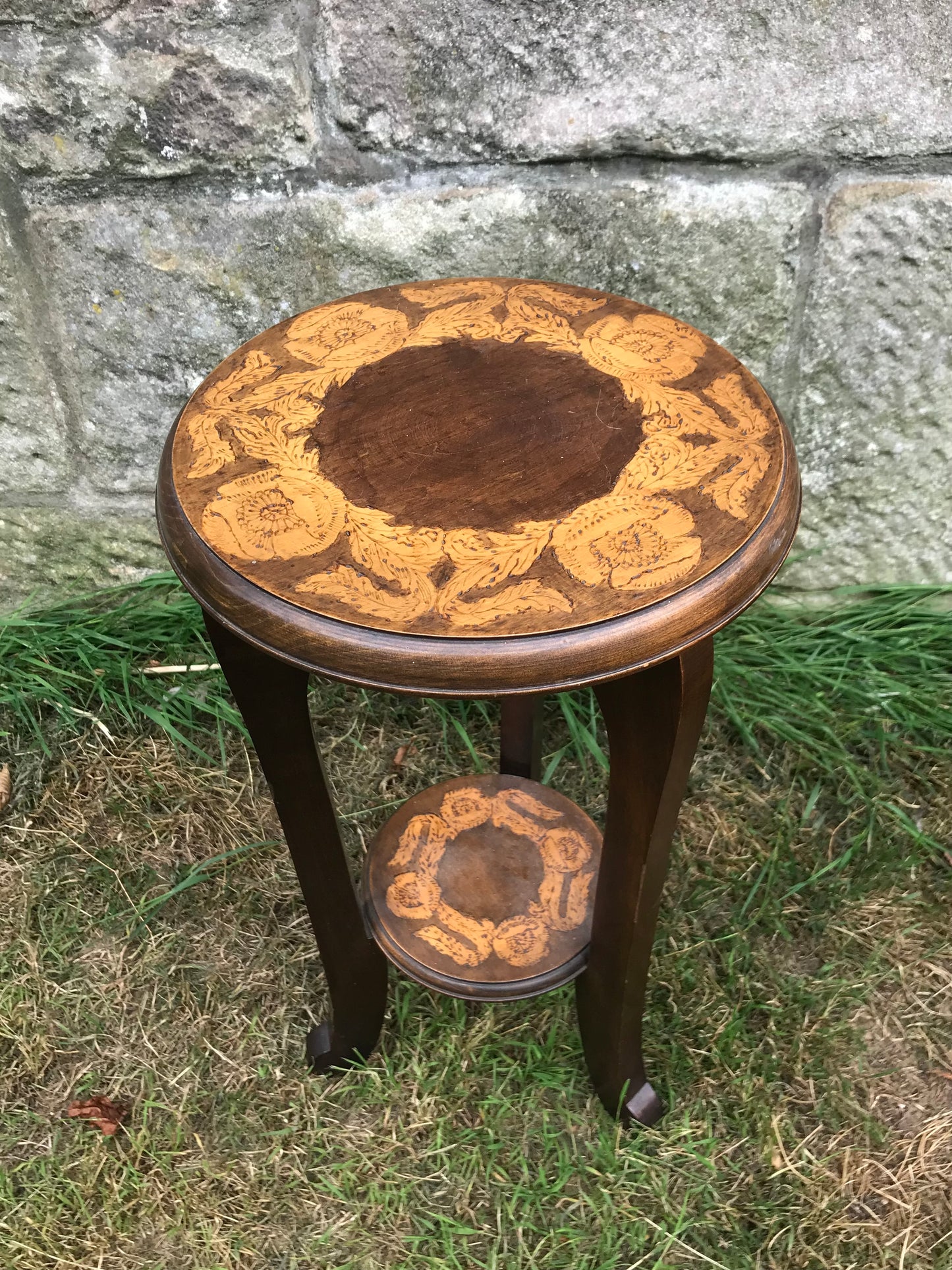 Vintage pokerwork round side / occasional Table
