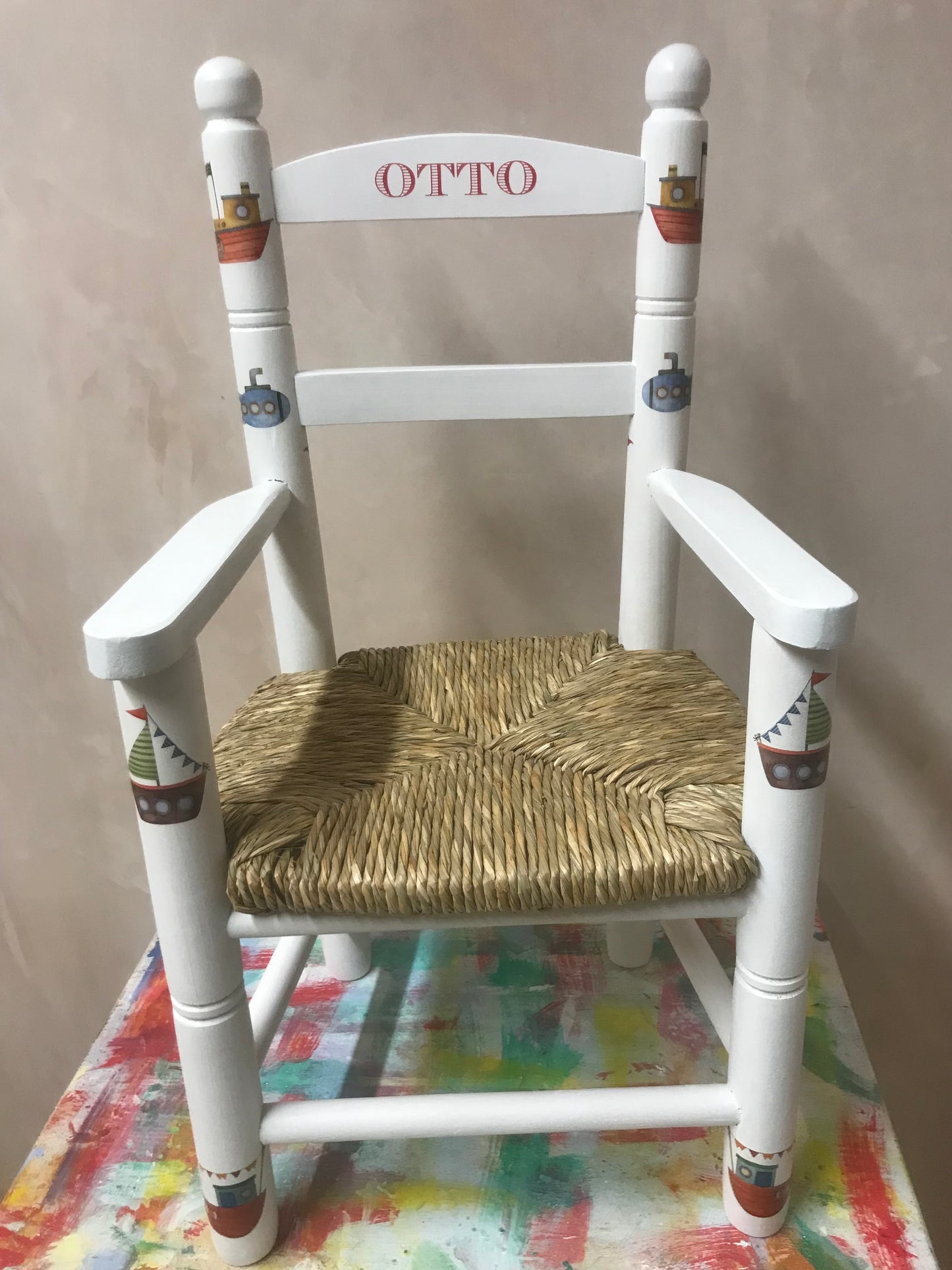 Rush seat personalised children's chair - Boats theme - made to order