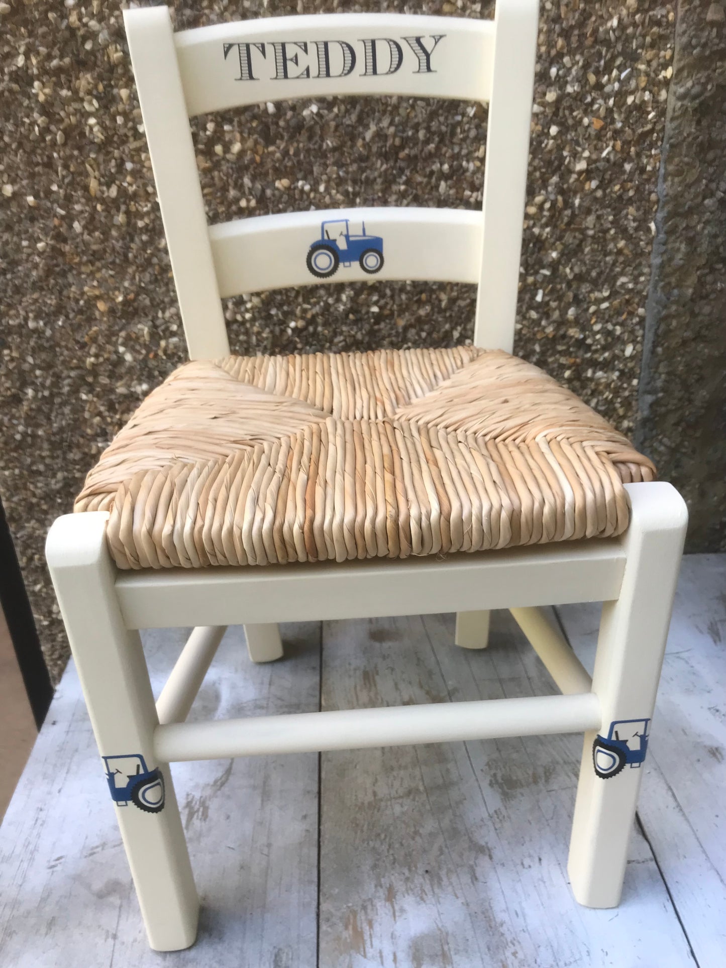 Rush seat personalised children's chair - Tractor theme - made to order