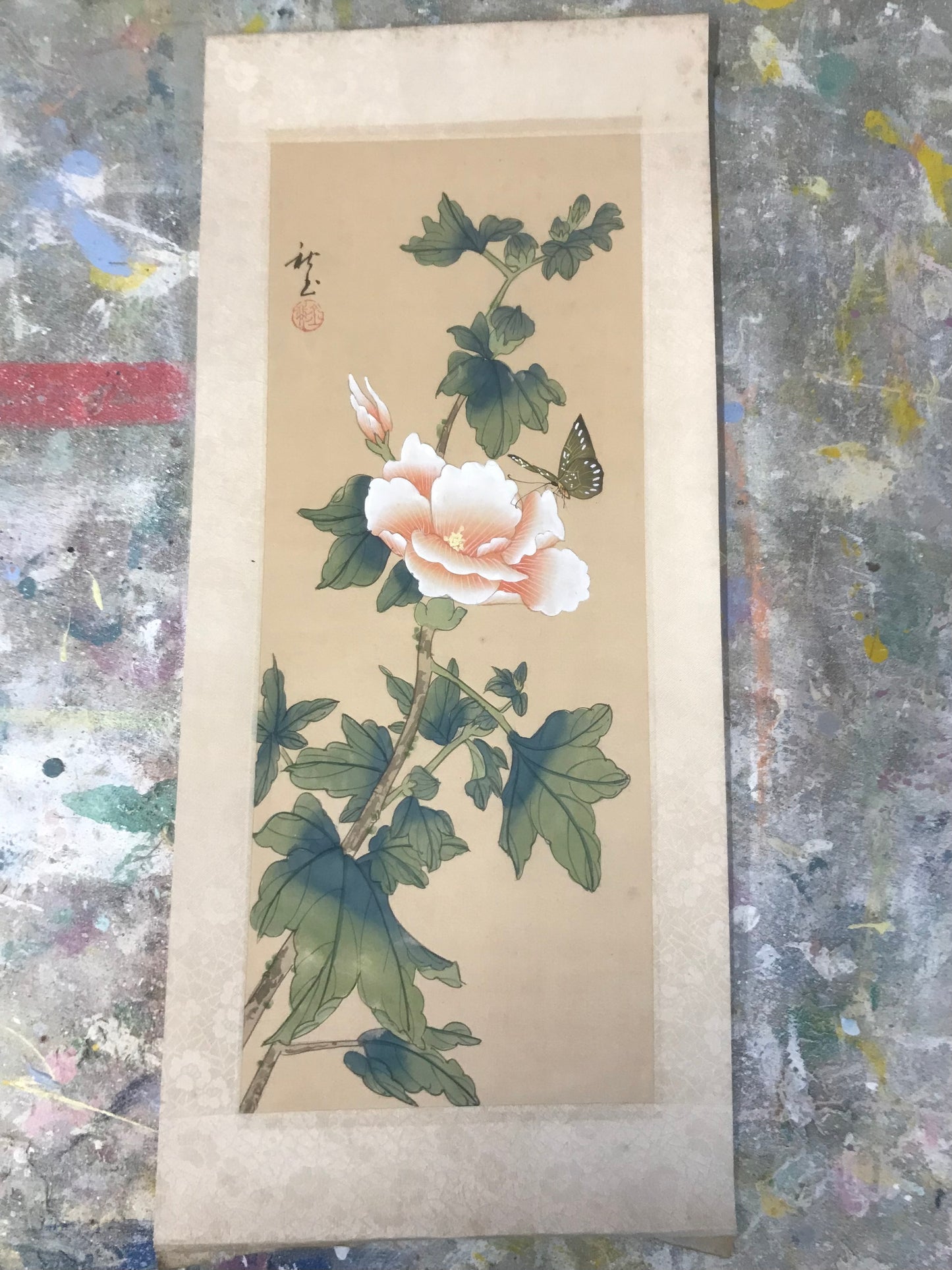 Unframed Vintage Asian Watercolor with Flowers and Butterfly, Oriental Chinese Painting on Silk Paper