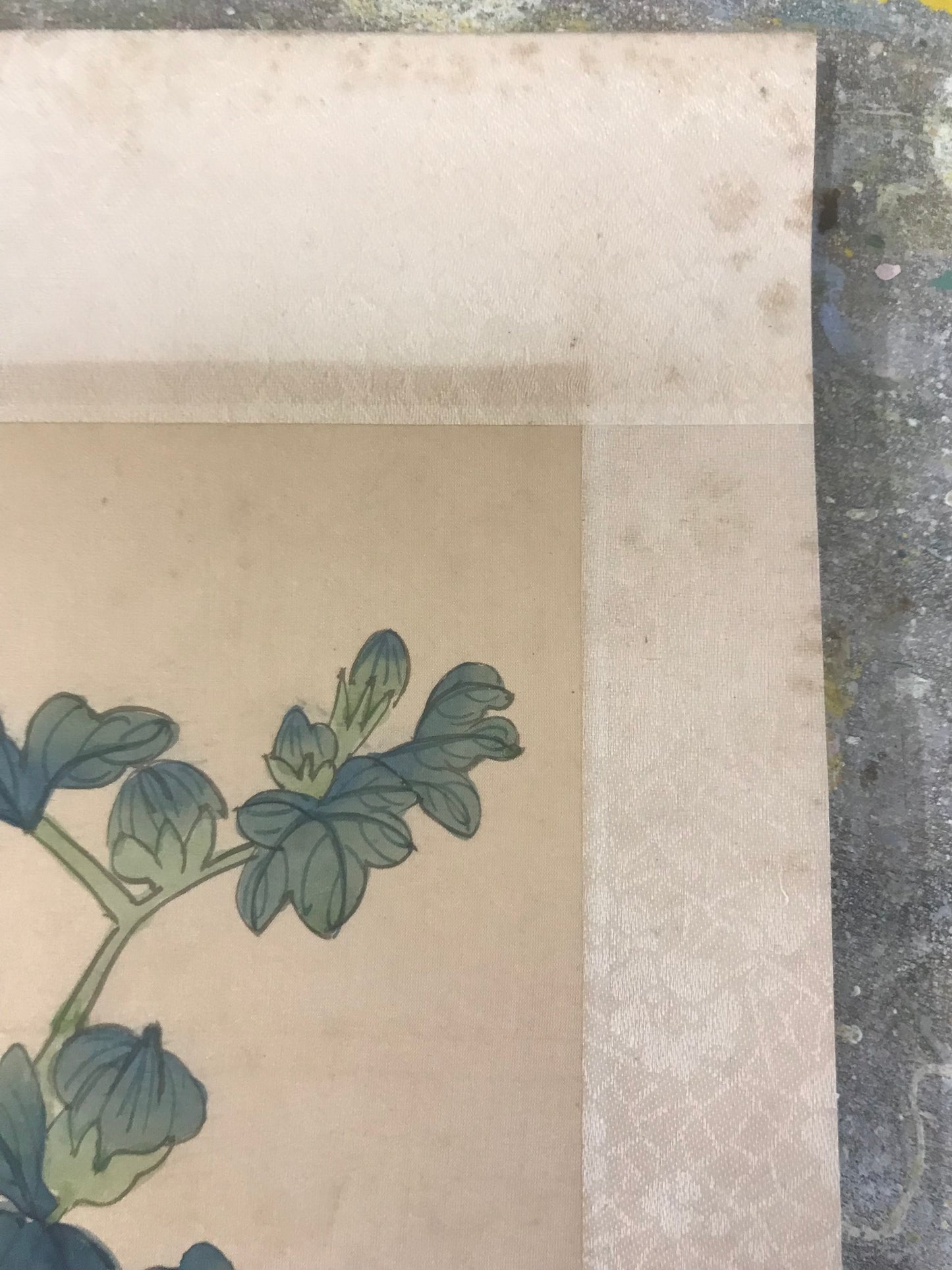 Unframed Vintage Asian Watercolor with Flowers and Butterfly, Oriental Chinese Painting on Silk Paper
