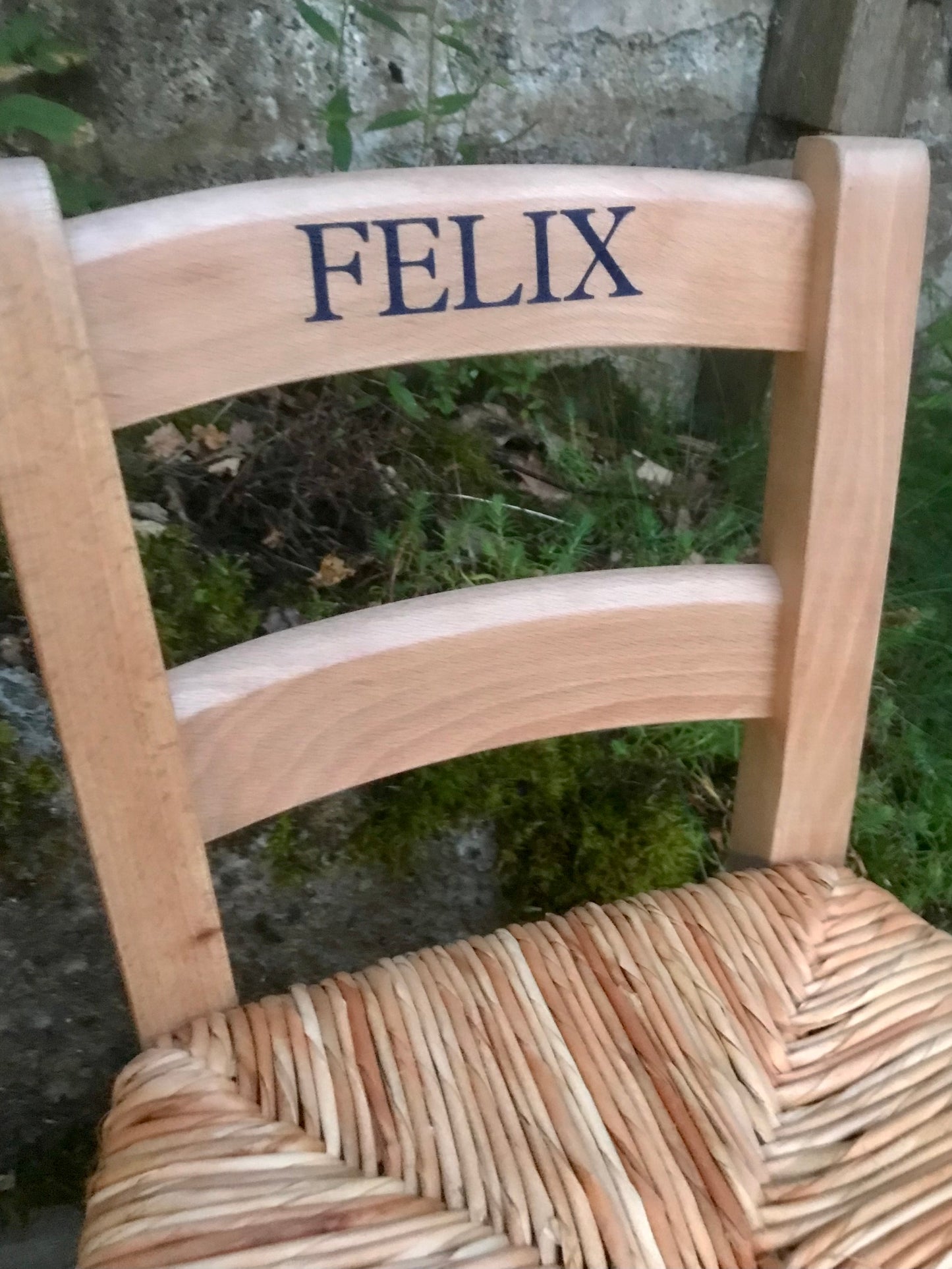 Children's personalised varnished beech wood school chair with your child's initials or name and date of birth - painted to order