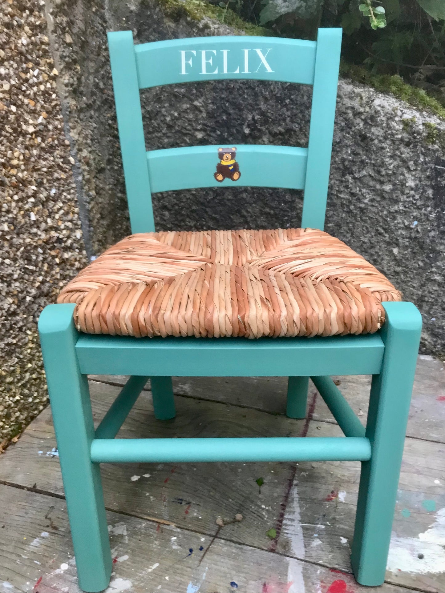 Personalised hand painted rush seat or wooden school children's chairs