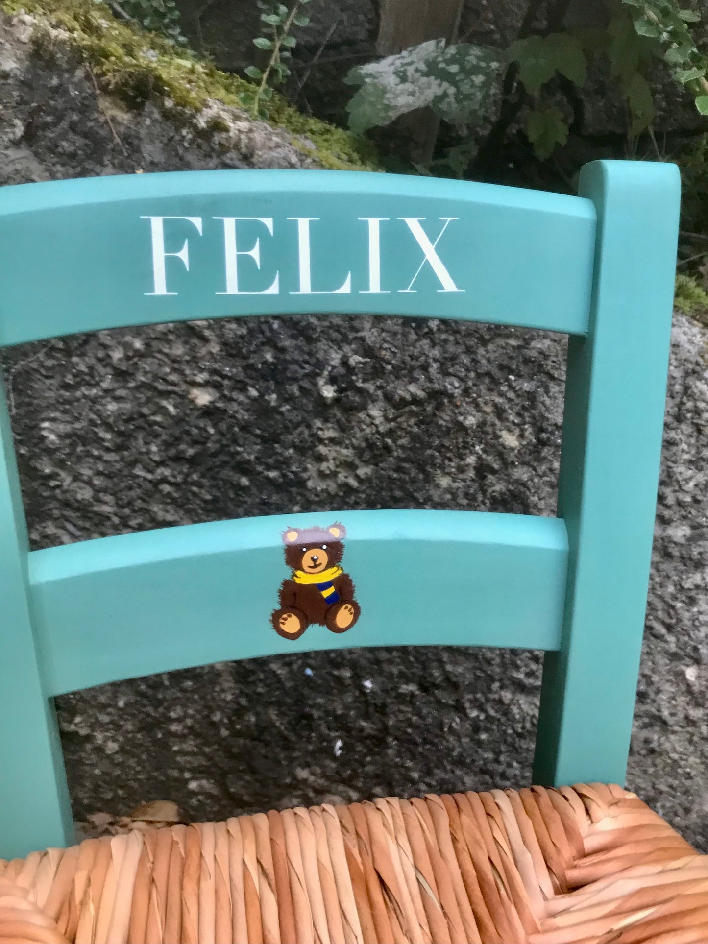 Personalised hand painted rush seat or wooden school children's chairs
