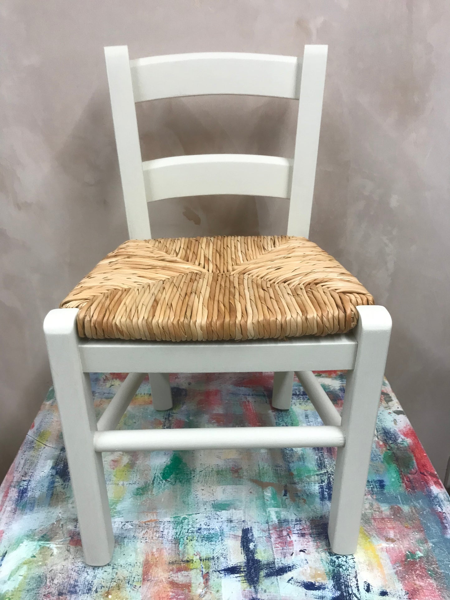 Plain wooden rush seat children's chair available raw to be painted by you or hand painted from the colour chart provided.