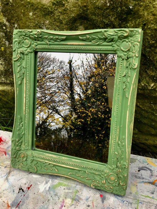 Ornate small wall mirror updated in green