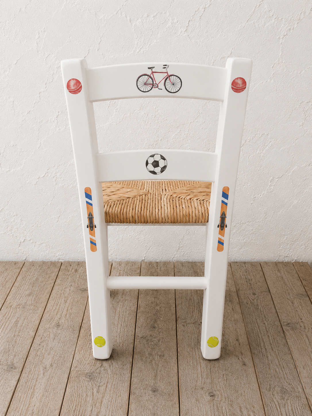 Rush seat personalised children's chair - Sport fan theme - made to order