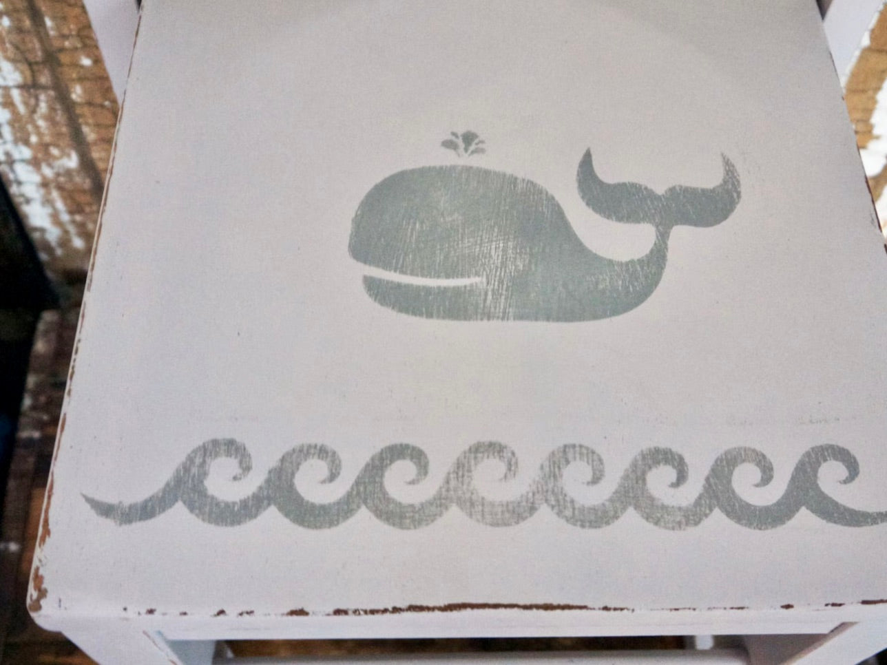 Vintage children's school chair painted and stencilled in your choice of colours with a cute whale design.