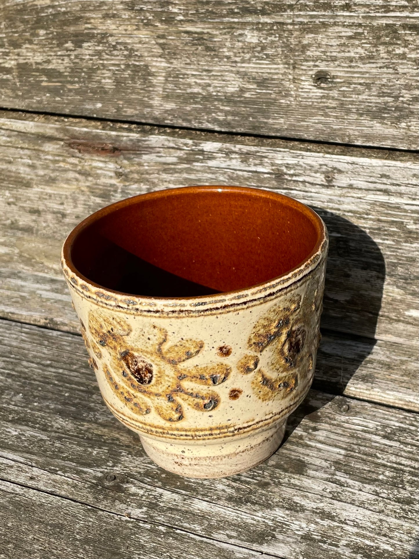 Vintage 1970's pottery cream and brown ceramic planter.