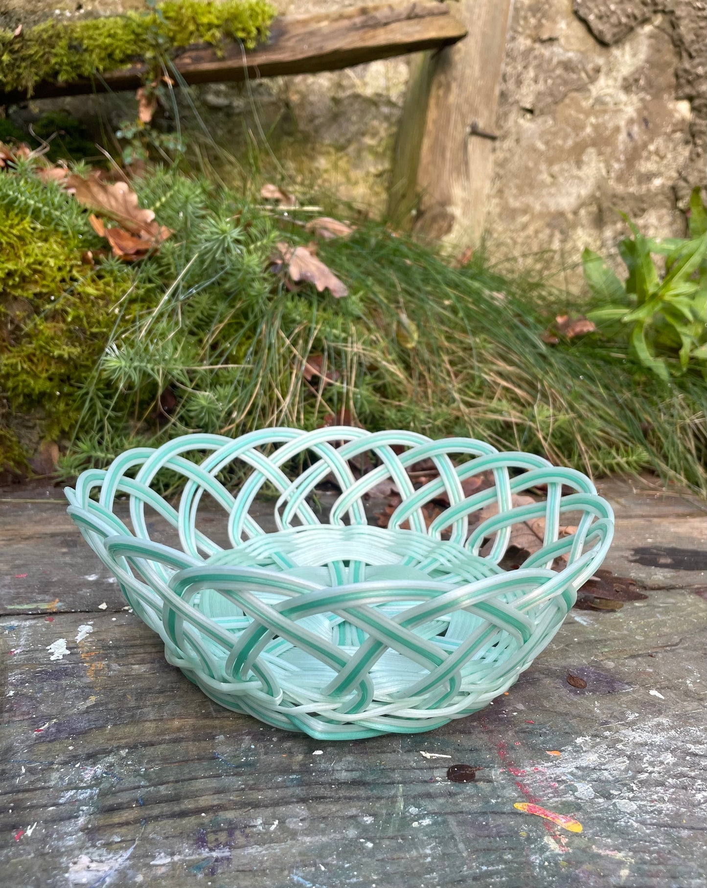 Plastic woven bowl / basket in pastel mint greens