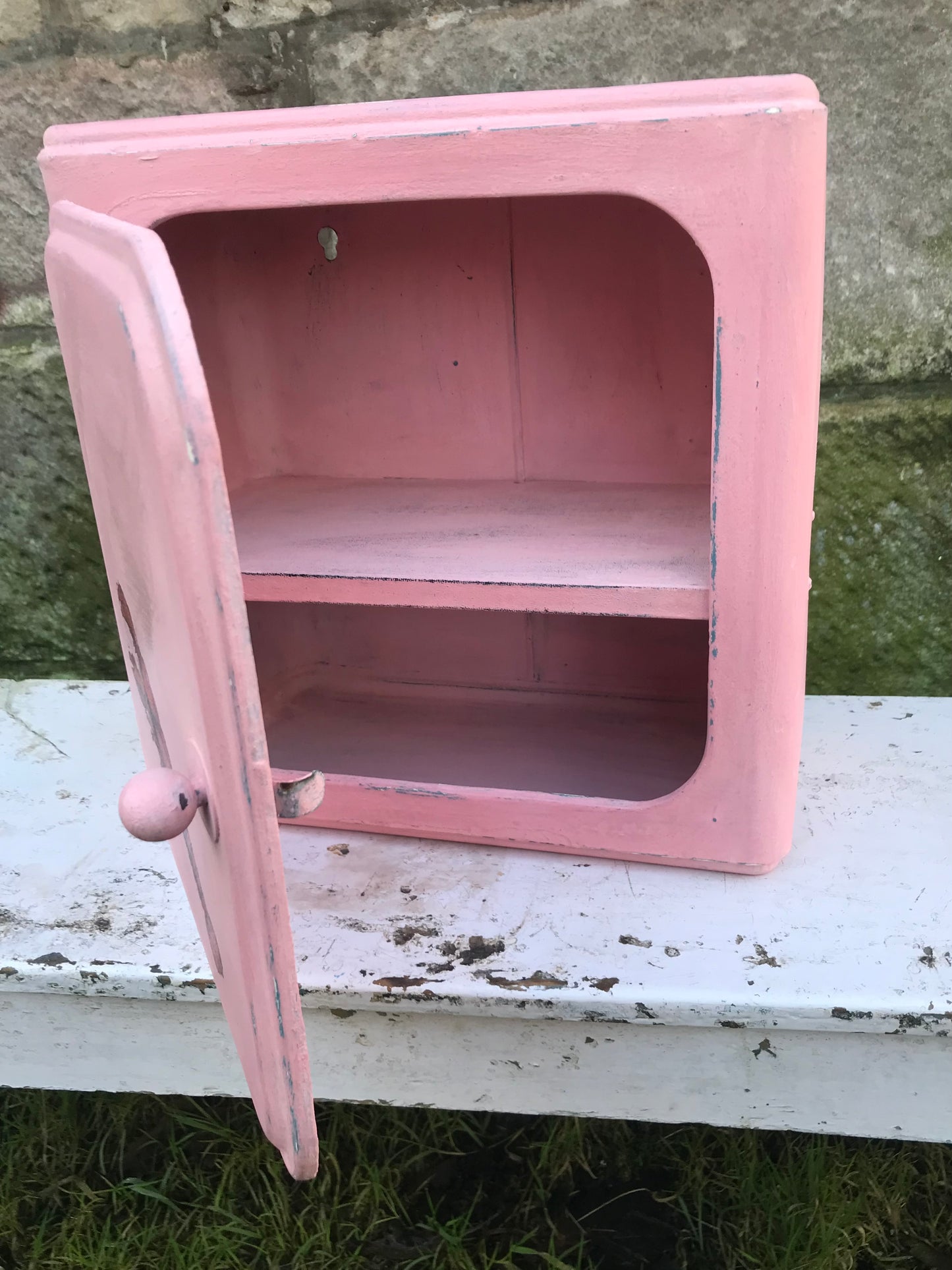 Reserved for Emma - Vintage metal wall cabinet / medicine cabinet in pink chippy milk paint