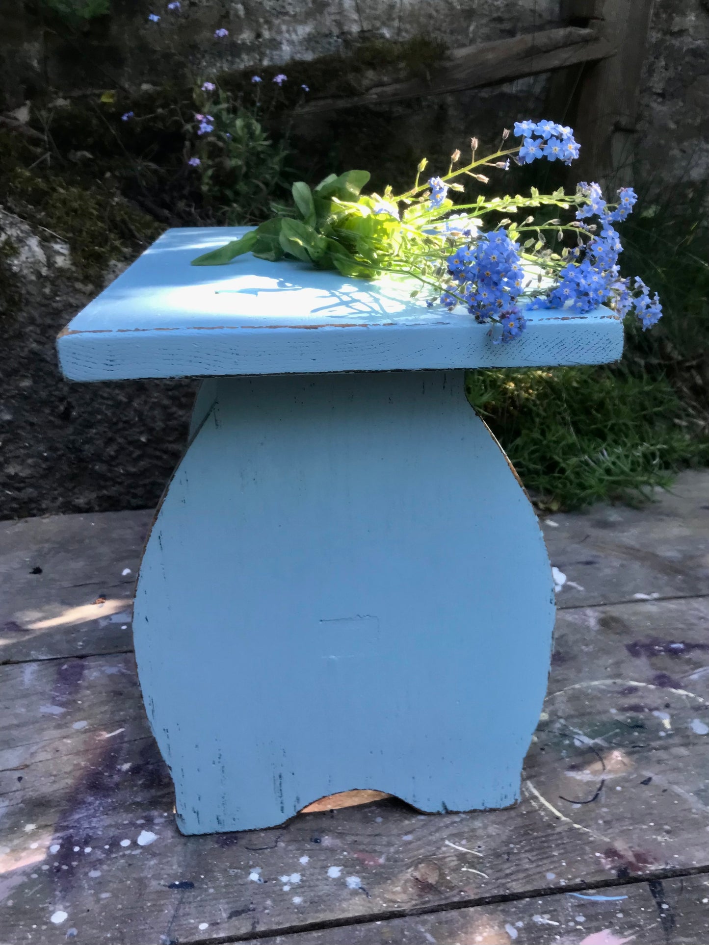 Vintage rustic stool Little Greene blue paint