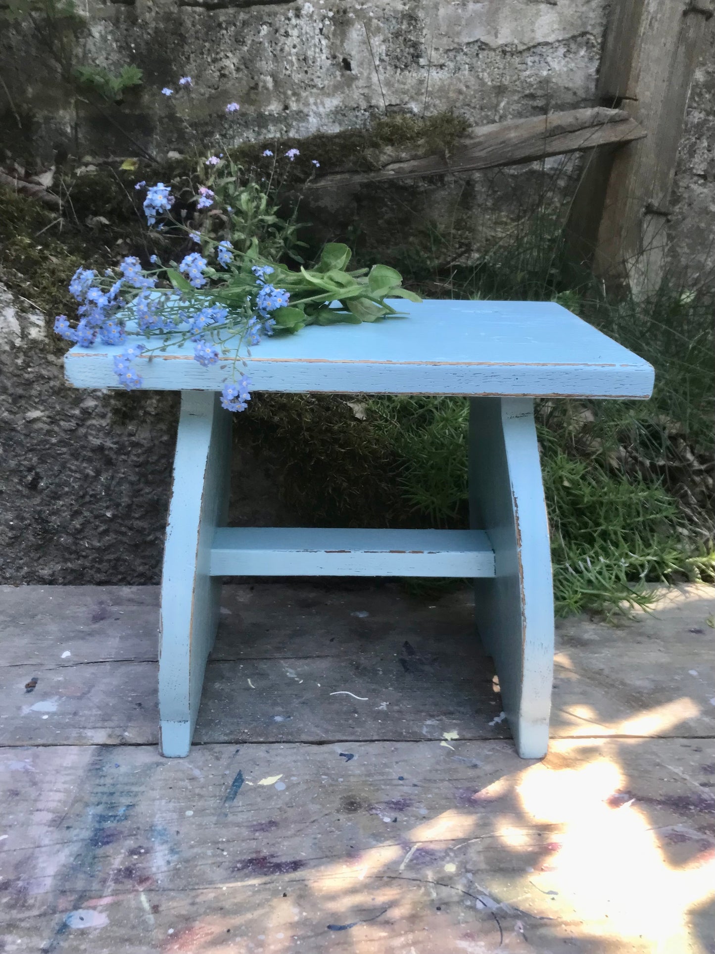 Vintage rustic stool Little Greene blue paint