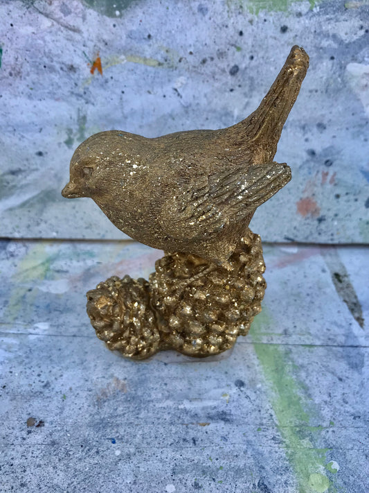Vintage style glitter gold bird  Christmas decoration - free standing on pine cone
