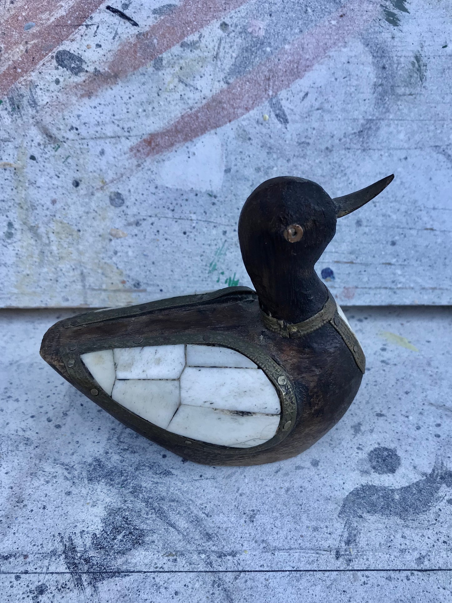 Wooden duck with mother-of-pearl wings with brass and copper 1960s.
