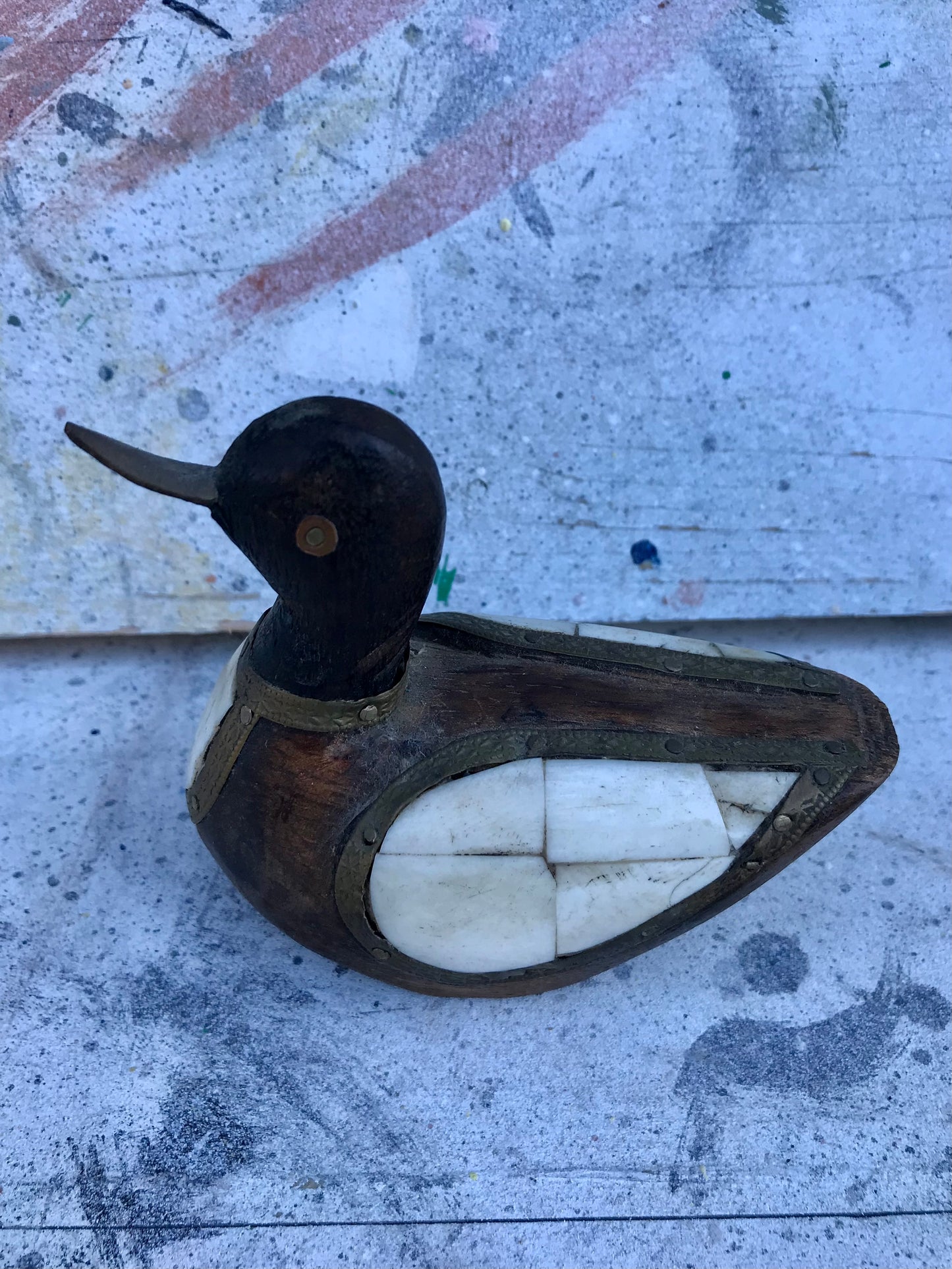 Wooden duck with mother-of-pearl wings with brass and copper 1960s.