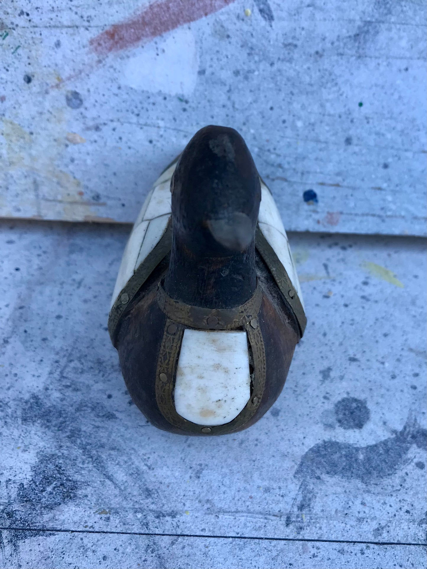 Wooden duck with mother-of-pearl wings with brass and copper 1960s.