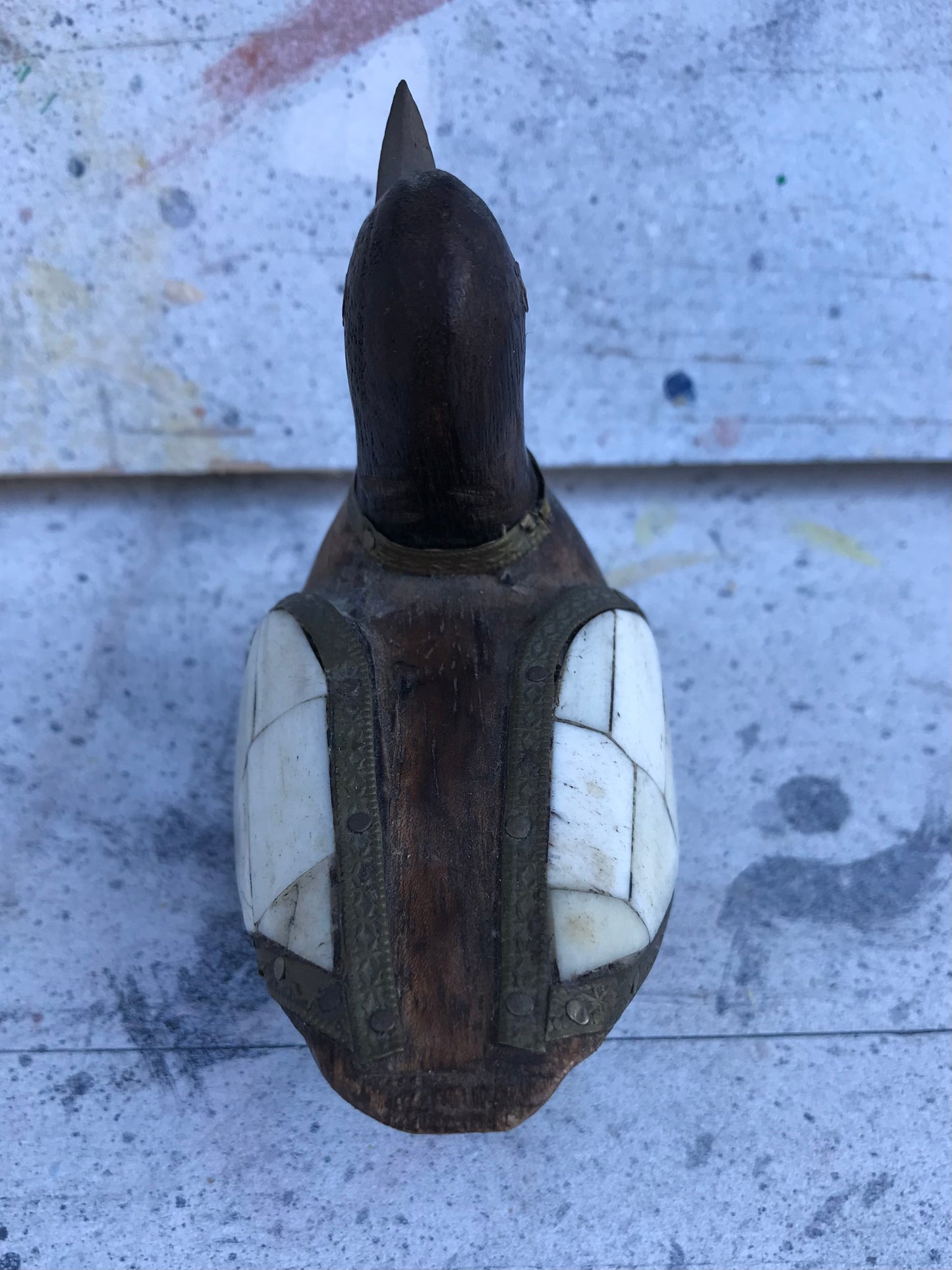 Wooden duck with mother-of-pearl wings with brass and copper 1960s.