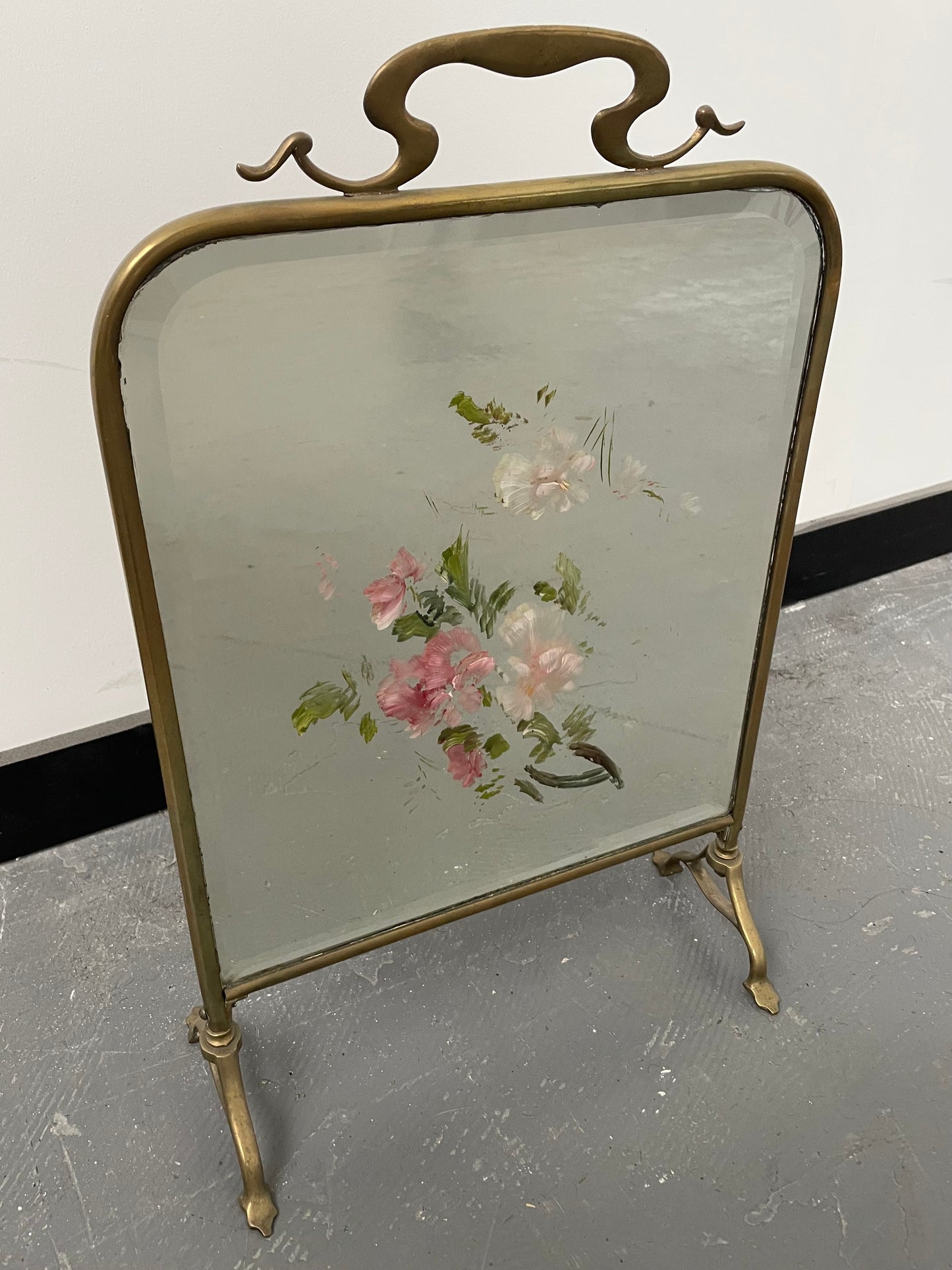 Vintage painted glass fire screen