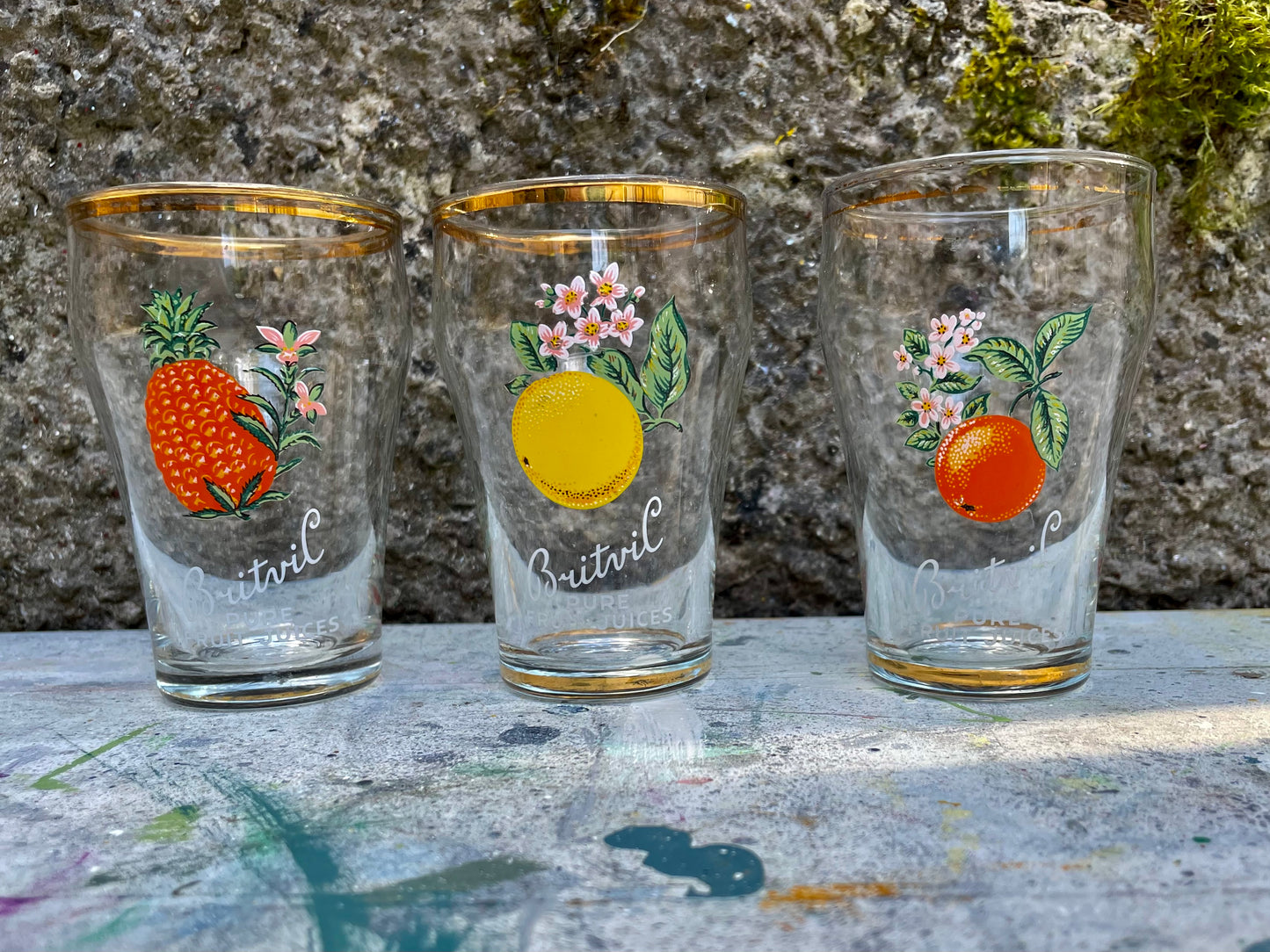 Set of 3 vintage glass Britvic juice shot glasses