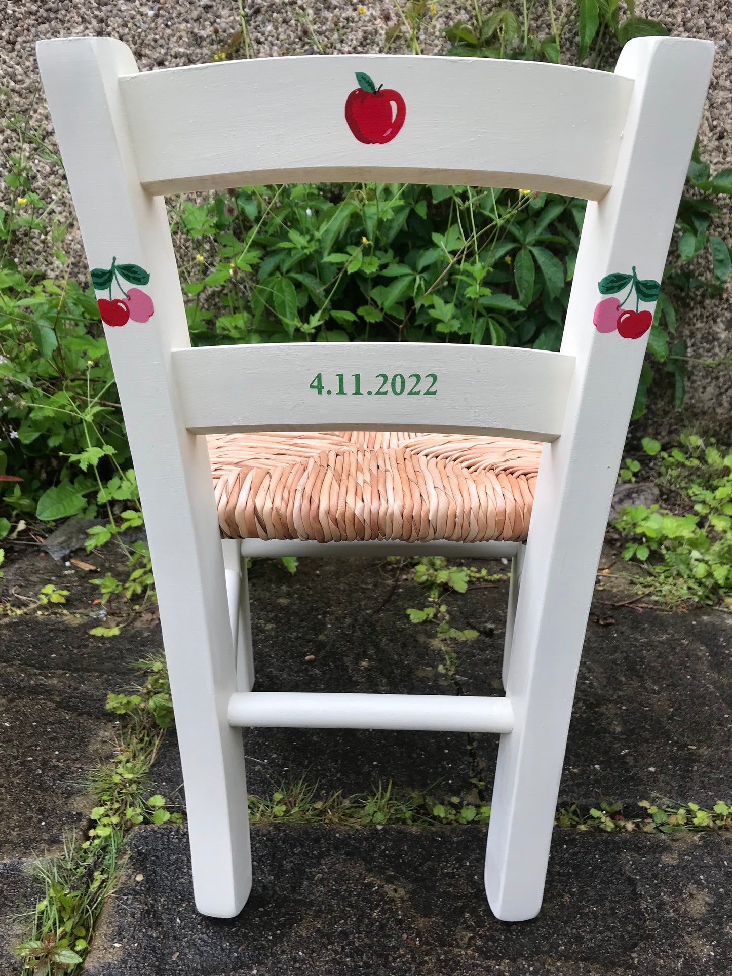 Rush seat personalised children's chair - Cherry and Apple theme theme - made to order